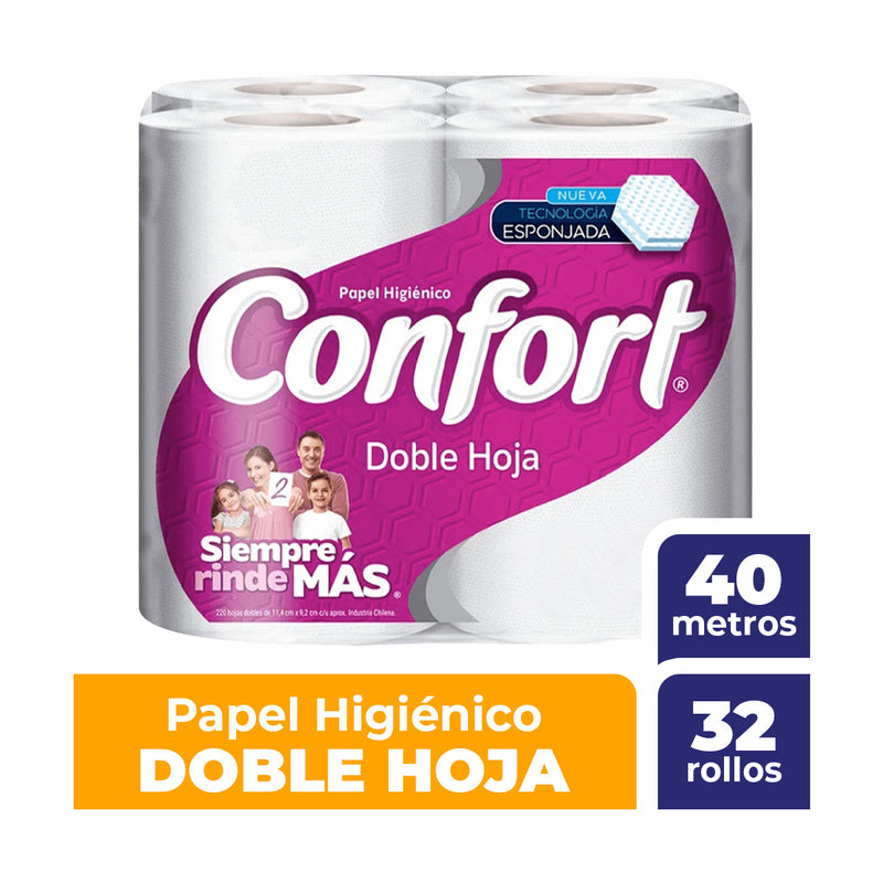 Papel higiénico Confort Doble Hoja, 40 metros, 32 rollos