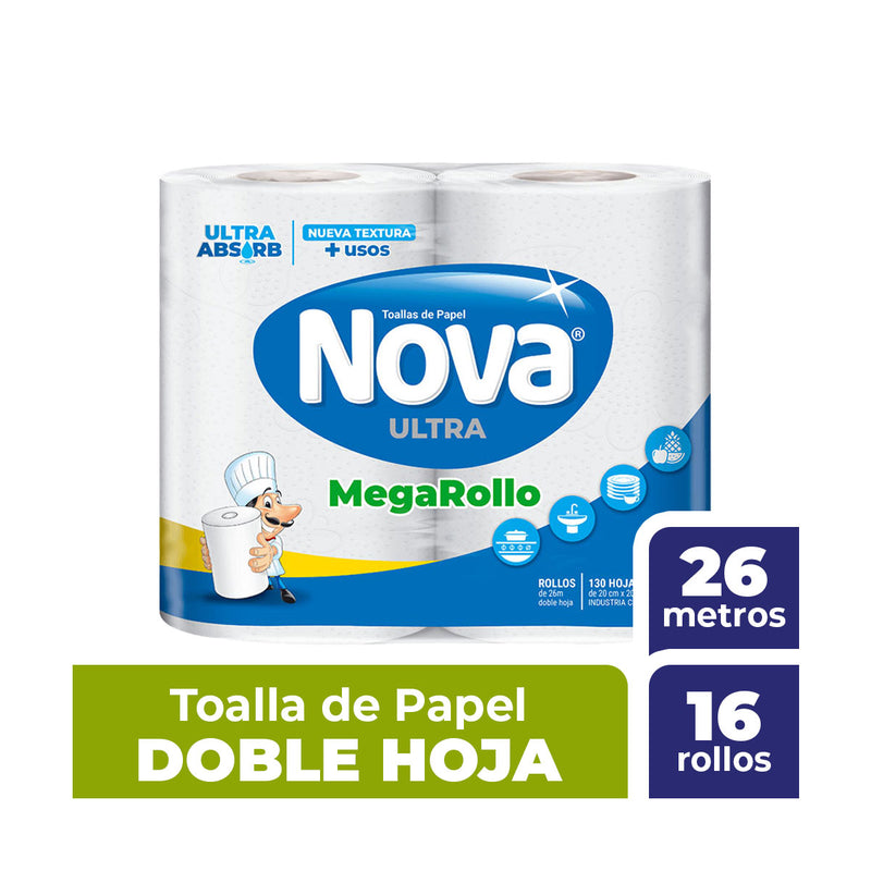 Toalla de papel Nova Ultra Mega Rollo Doble Hoja, 26 metros, 16 unidades