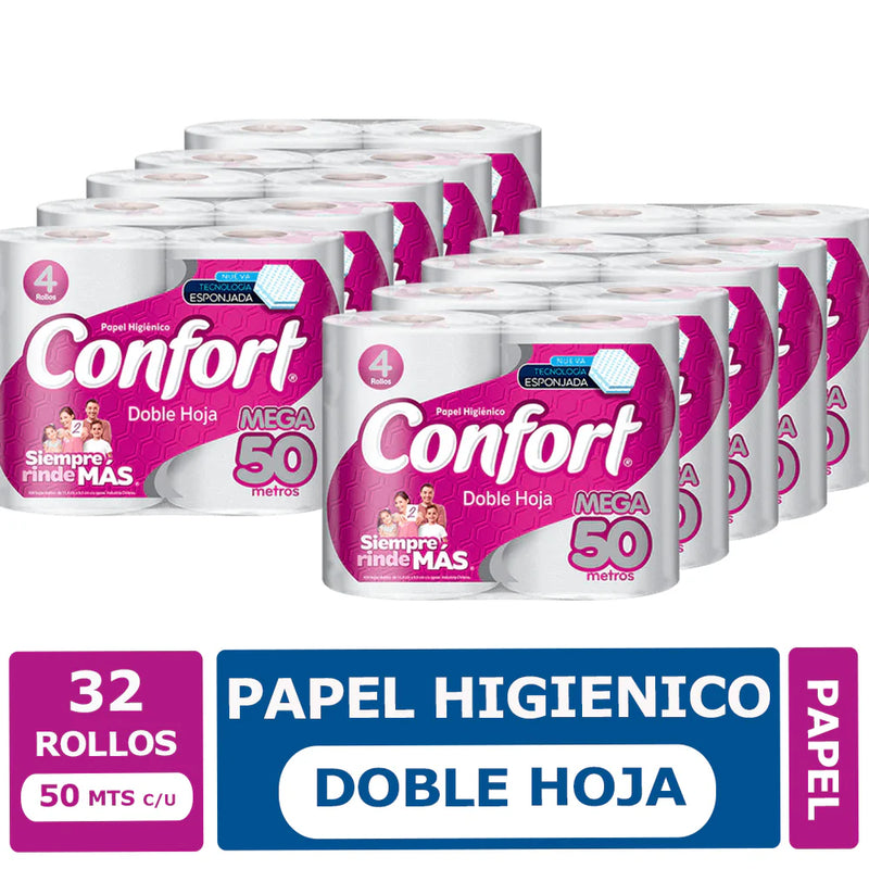 Papel higiénico Confort Doble Hoja, 50 metros, 32 rollos